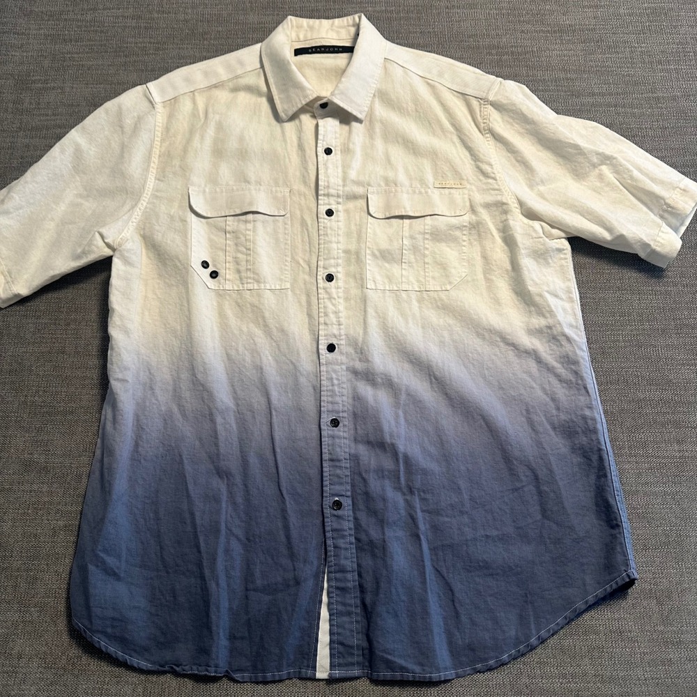 Sean John Button Down Mens 2XL White Blue Ombre Linen Blend Short Sleeve